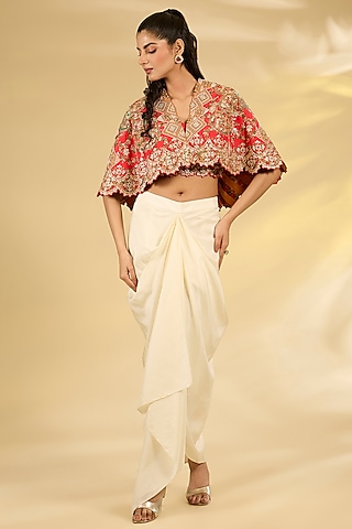 Red Silk Hand & Machine Embroidered Cape Set by Debyani