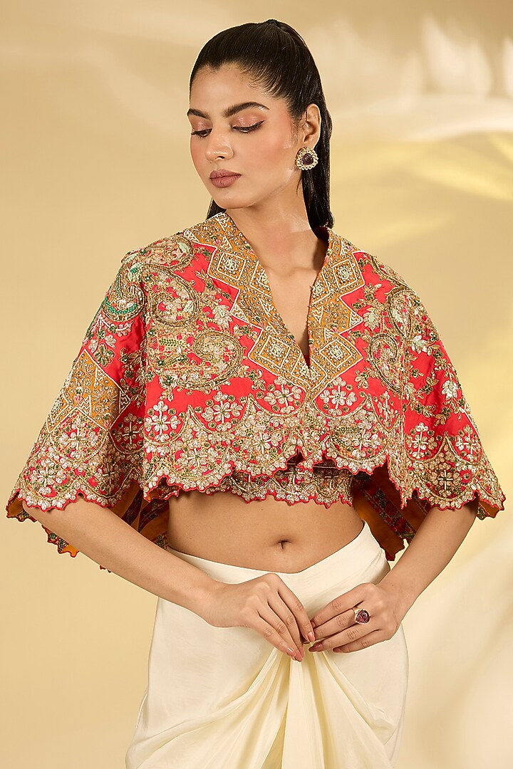 Red Silk Hand & Machine Embroidered Cape Set by Debyani at Pernia's Pop Up Shop