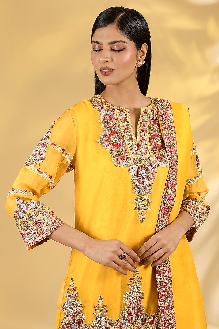 Orange Silk Hand & Machine Embroidered Short Kurta Set by Debyani at Pernia's Pop Up Shop