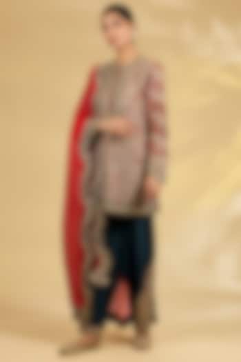 Blue Silk Hand & Machine Embroidered Kurta Set by Debyani at Pernia's Pop Up Shop