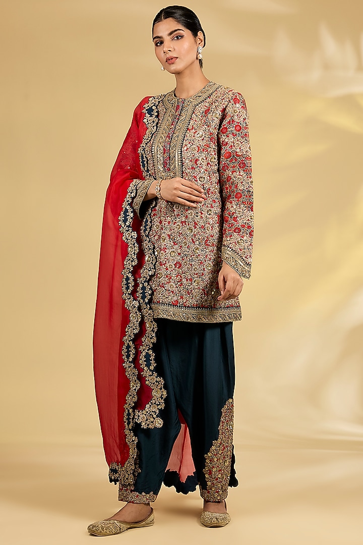 Blue Silk Hand & Machine Embroidered Kurta Set by Debyani at Pernia's Pop Up Shop