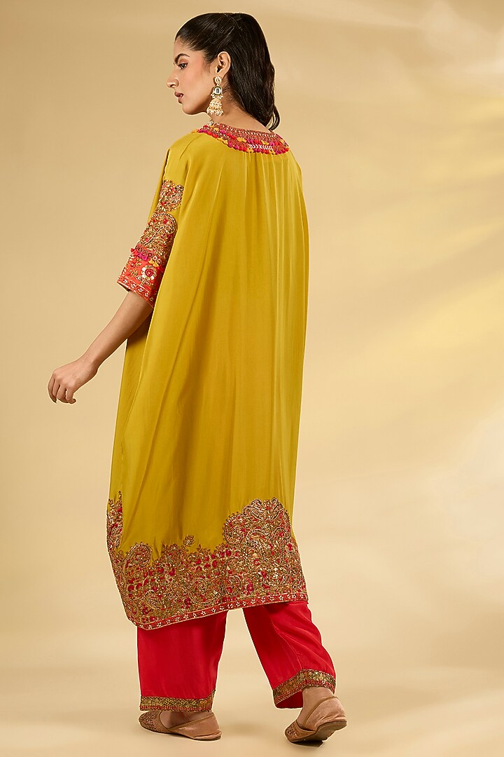 Mustard Silk Hand & Machine Embroidered Kaftan Set by Debyani at Pernia's Pop Up Shop