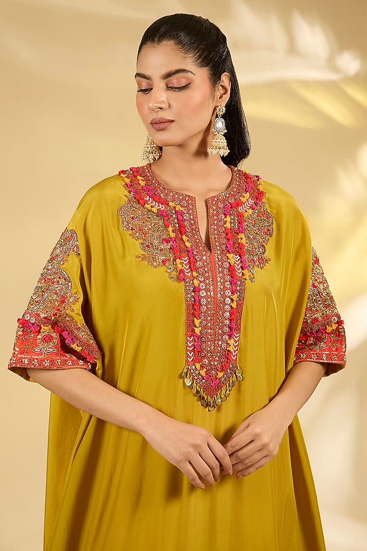 Mustard Silk Hand & Machine Embroidered Kaftan Set by Debyani at Pernia's Pop Up Shop