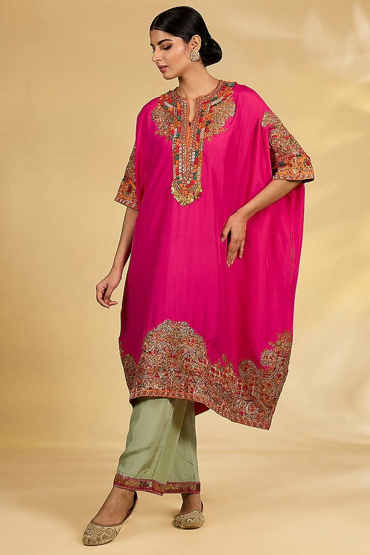 Pink Silk Hand & Machine Embroidered Kaftan Set by Debyani at Pernia's Pop Up Shop