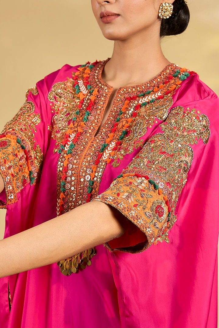 Pink Silk Hand & Machine Embroidered Kaftan Set by Debyani at Pernia's Pop Up Shop