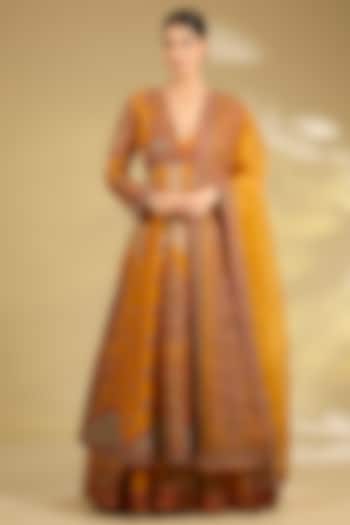Burnt Orange Silk Hand & Machine Embroidered Kalidar Bridal Anarkali Set by Debyani at Pernia's Pop Up Shop