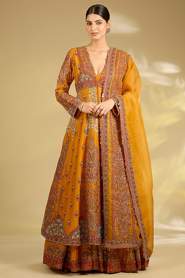 Burnt Orange Silk Hand & Machine Embroidered Kalidar Bridal Anarkali Set by Debyani at Pernia's Pop Up Shop