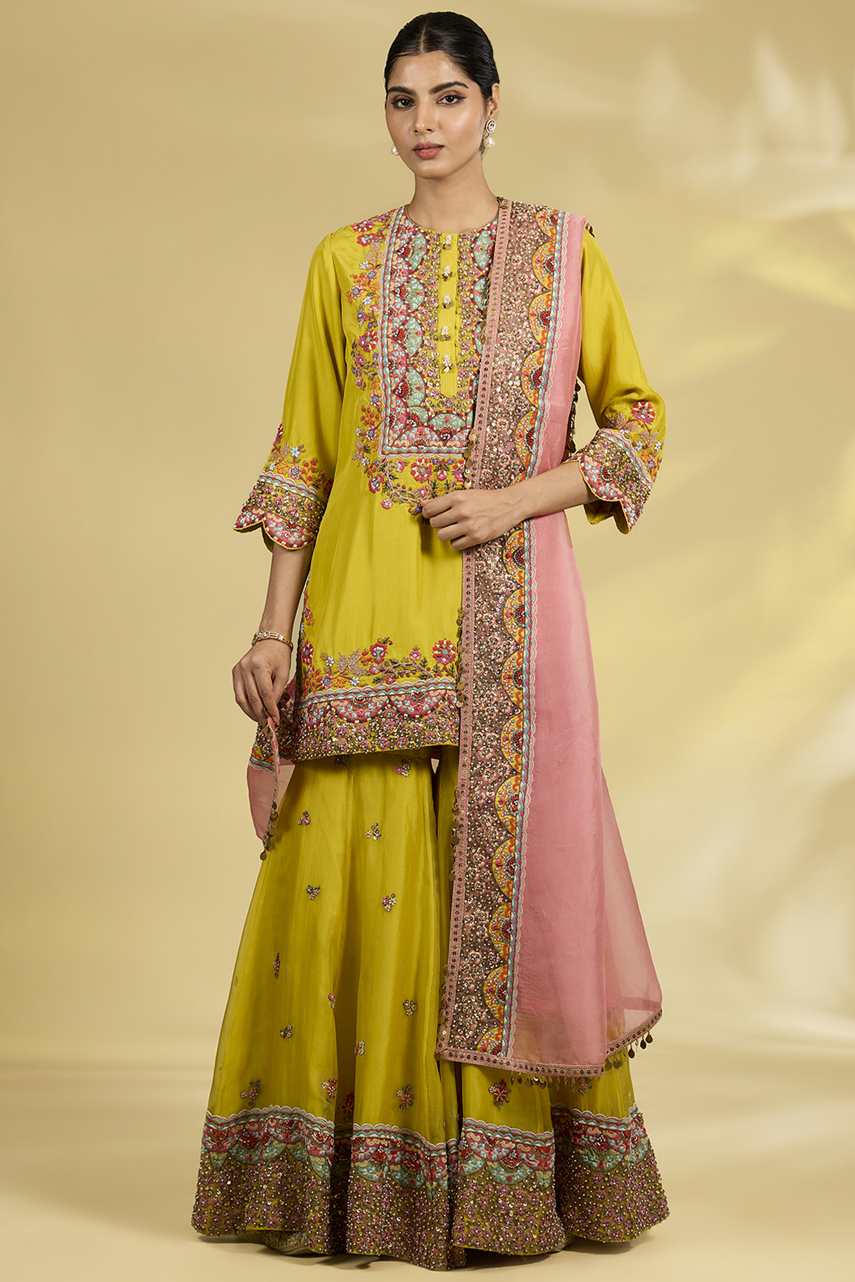 Mustard Silk Hand & Machine Embroidered Bridal Sharara Set by Debyani at Pernia's Pop Up Shop