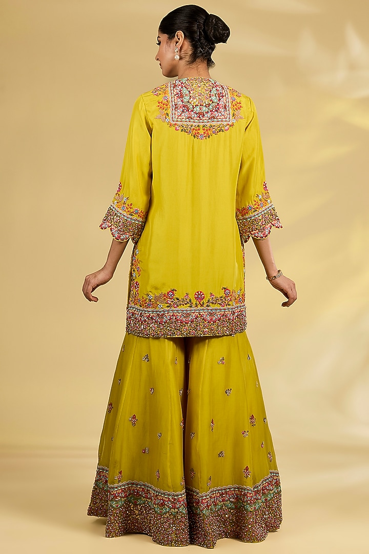 Mustard Silk Hand & Machine Embroidered Bridal Sharara Set by Debyani at Pernia's Pop Up Shop