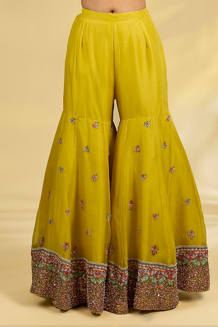 Mustard Silk Hand & Machine Embroidered Bridal Sharara Set by Debyani at Pernia's Pop Up Shop
