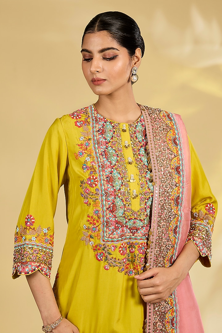 Mustard Silk Hand & Machine Embroidered Bridal Sharara Set by Debyani at Pernia's Pop Up Shop