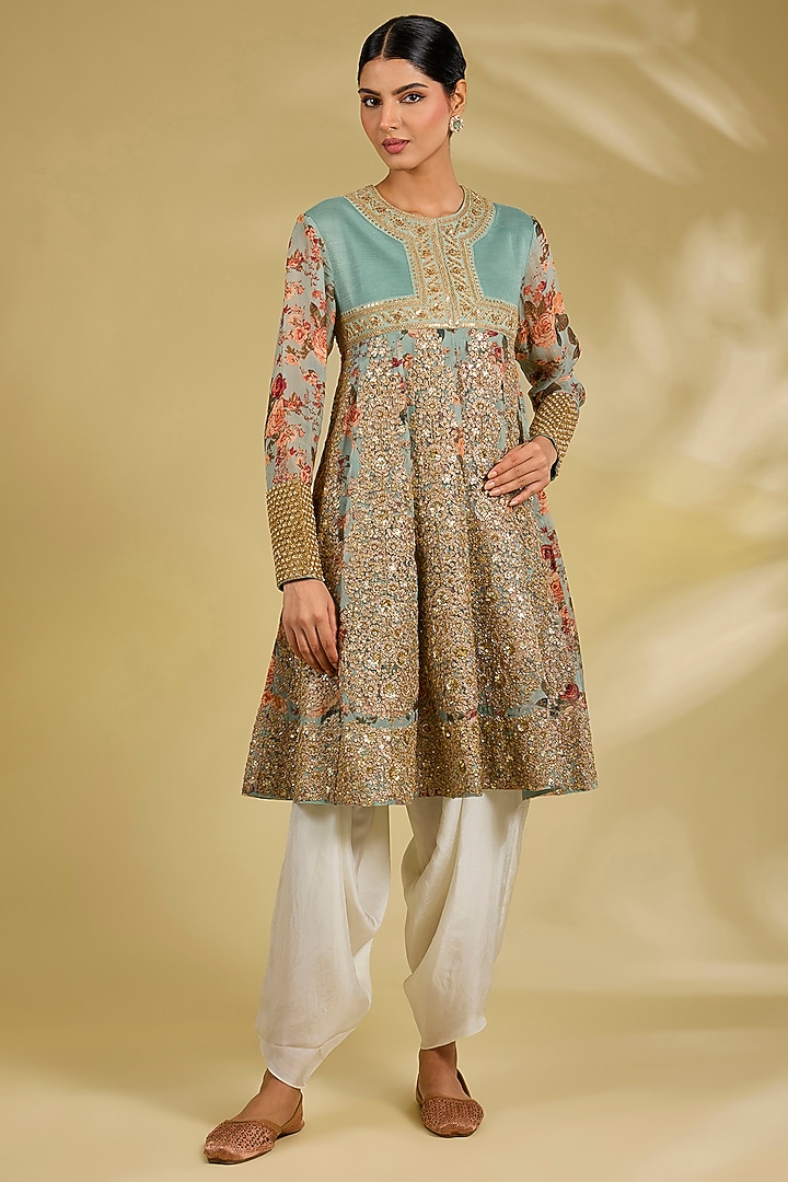 Pale Blue Silk Hand & Machine Embroidered Tunic Set by Debyani at Pernia's Pop Up Shop