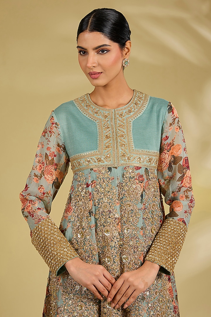 Pale Blue Silk Hand & Machine Embroidered Tunic Set by Debyani at Pernia's Pop Up Shop