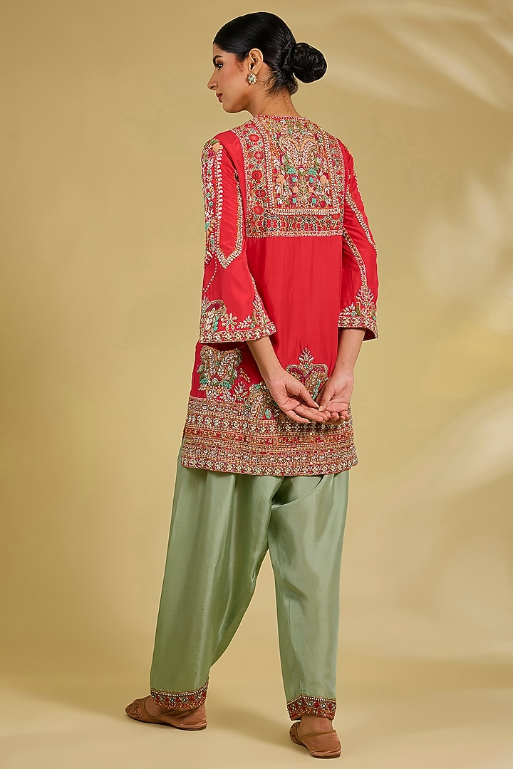 Red Silk Hand & Machine Embroidered Kurta Set by Debyani at Pernia's Pop Up Shop