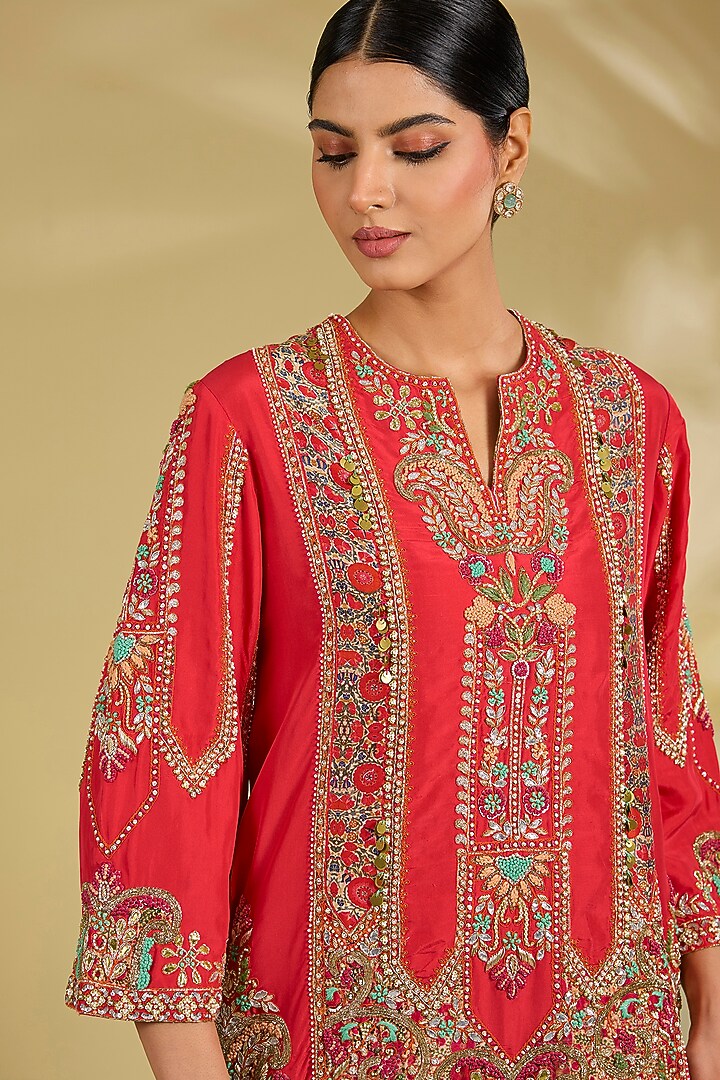 Red Silk Hand & Machine Embroidered Kurta Set by Debyani at Pernia's Pop Up Shop
