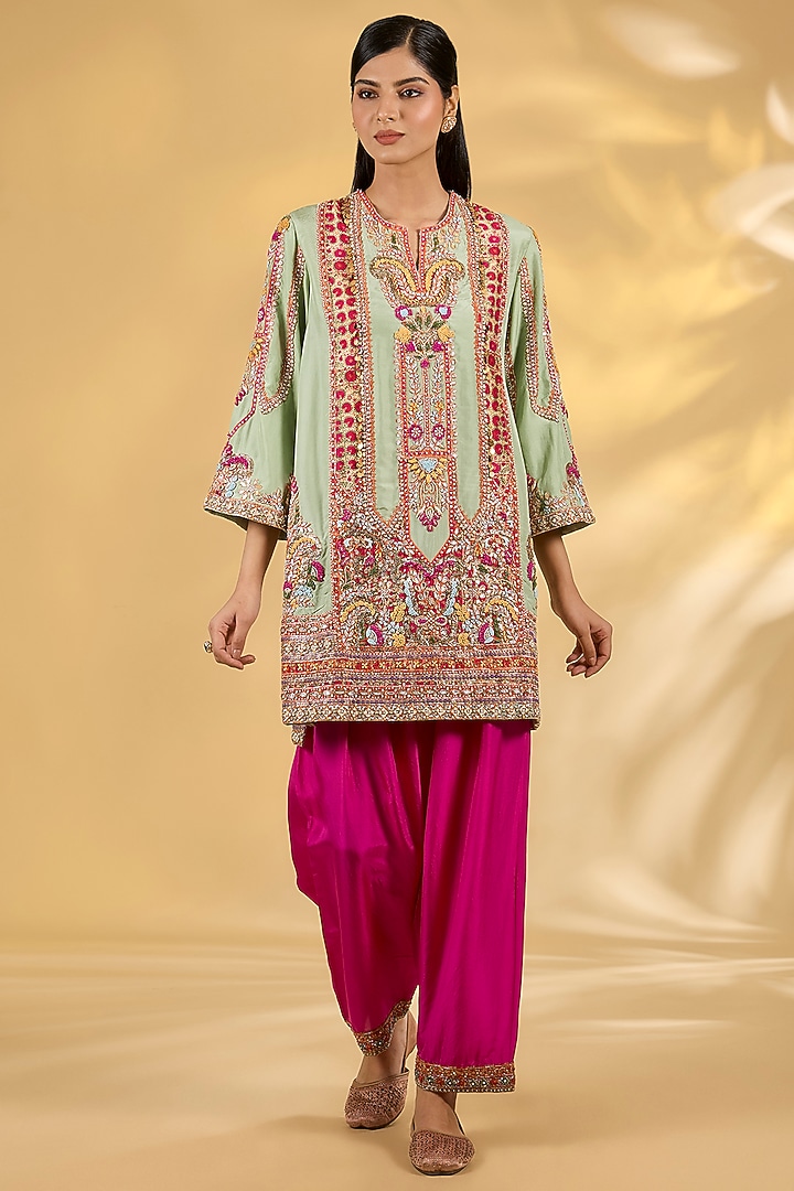 Green Silk Hand & Machine Embroidered Kurta Set by Debyani at Pernia's Pop Up Shop