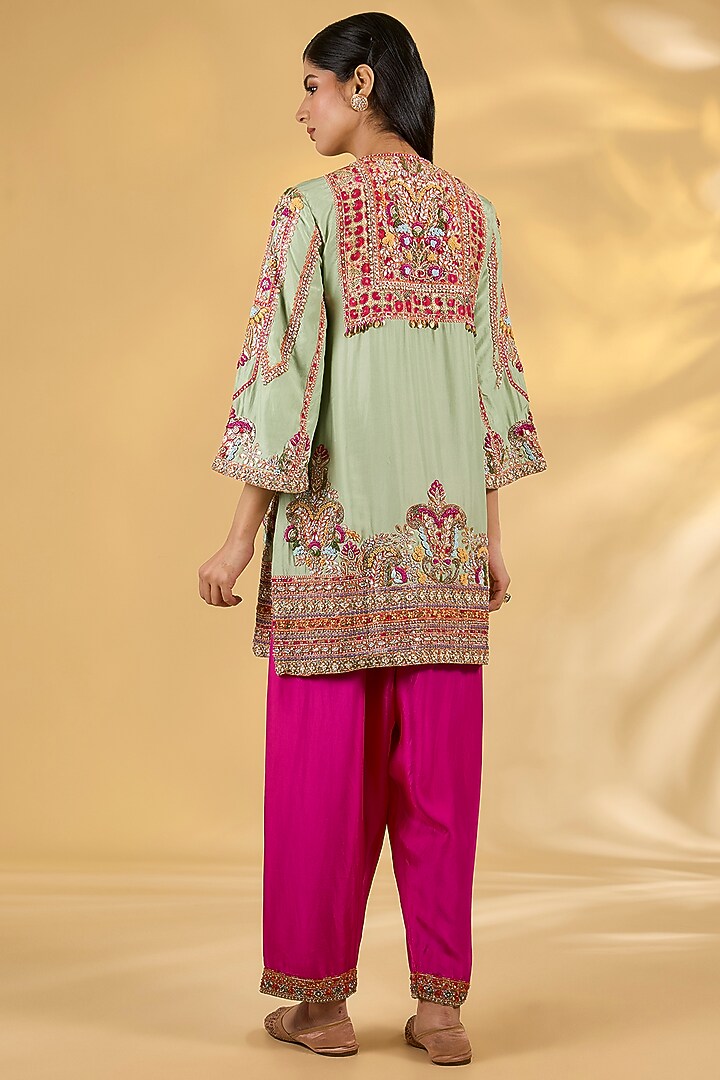 Green Silk Hand & Machine Embroidered Kurta Set by Debyani at Pernia's Pop Up Shop