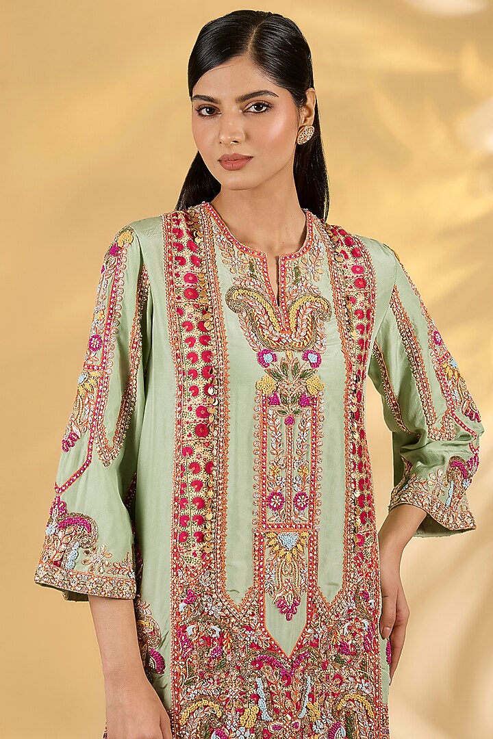 Green Silk Hand & Machine Embroidered Kurta Set by Debyani at Pernia's Pop Up Shop