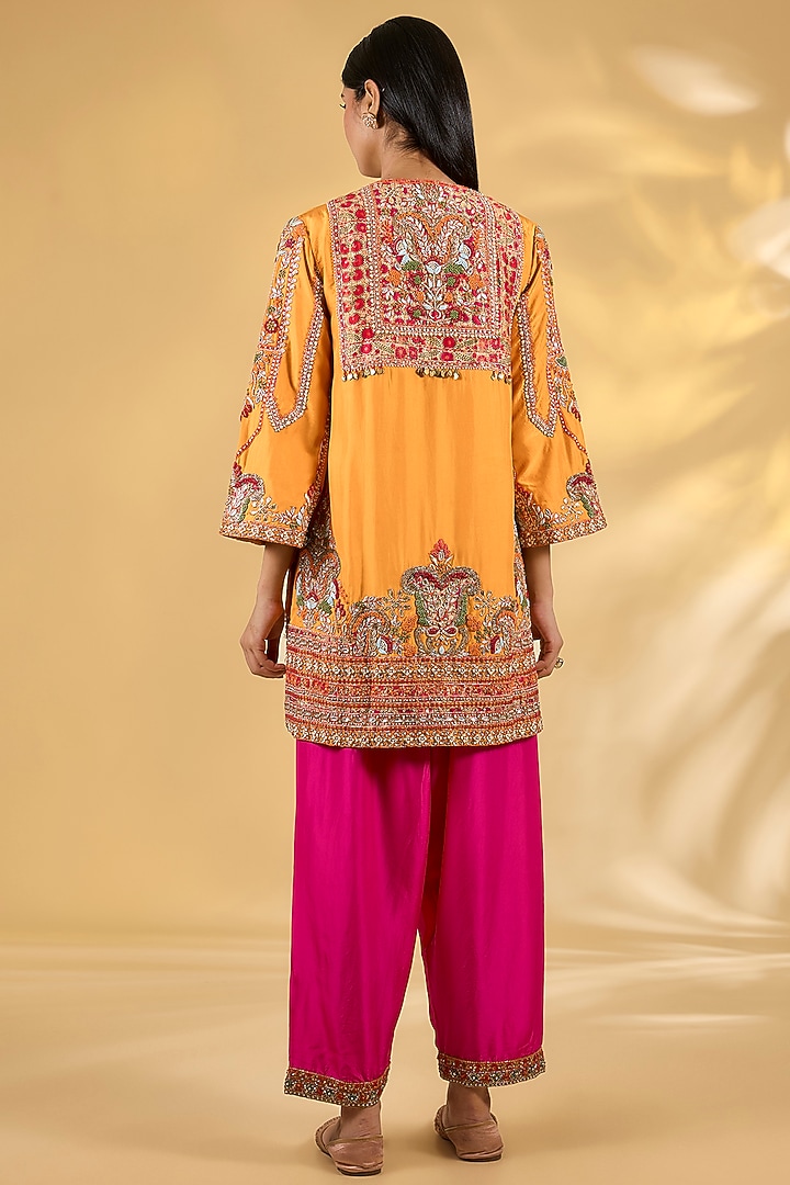 Orange Silk Hand & Machine Embroidered Kurta Set by Debyani at Pernia's Pop Up Shop