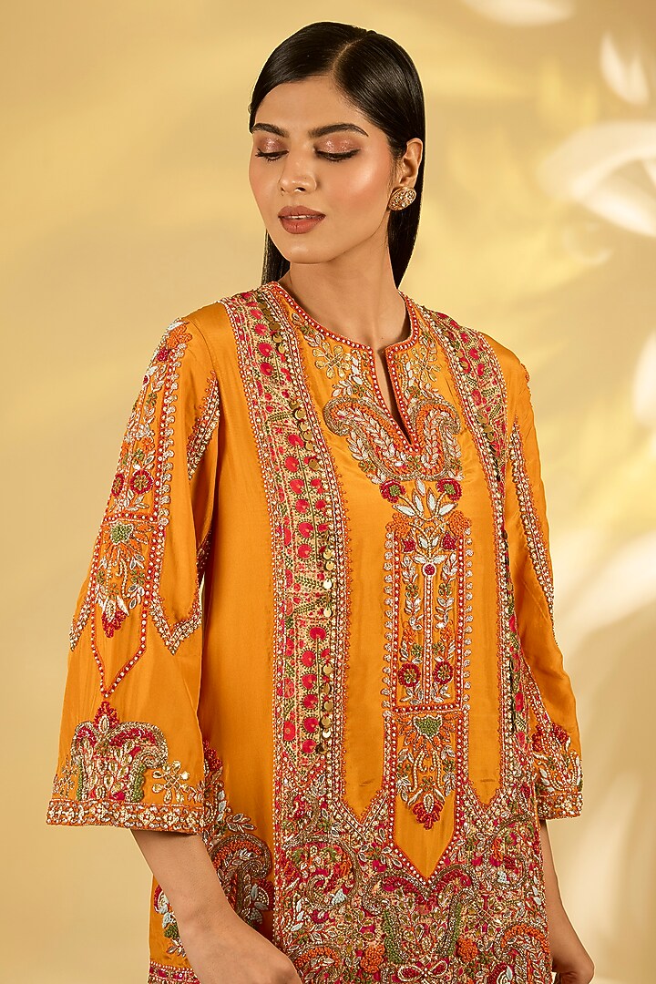 Orange Silk Hand & Machine Embroidered Kurta Set by Debyani at Pernia's Pop Up Shop