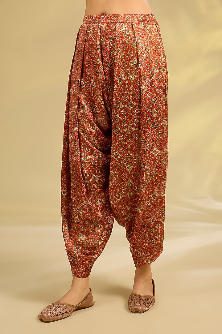 Burnt Orange Silk Printed & Embroidered Kurta Set by Debyani at Pernia's Pop Up Shop