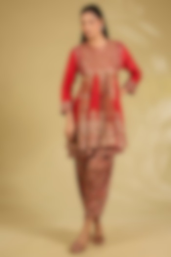 Red Silk Embroidered Tunic Set by Debyani at Pernia's Pop Up Shop