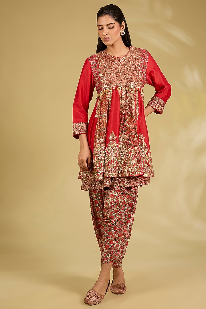 Red Silk Embroidered Tunic Set by Debyani at Pernia's Pop Up Shop