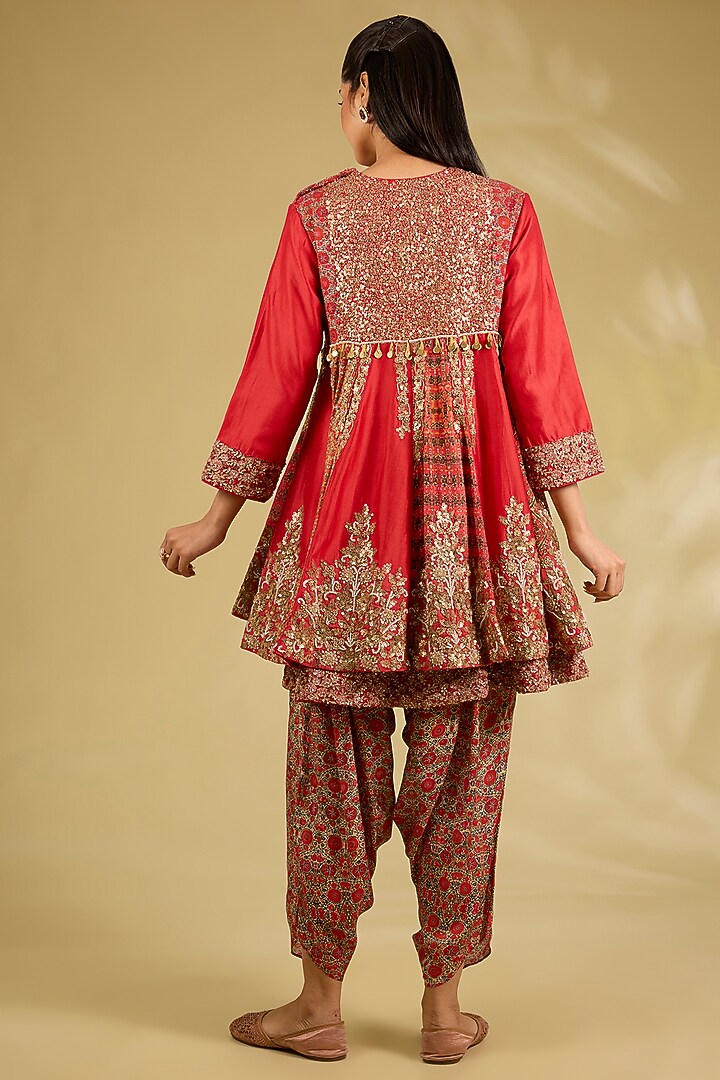Red Silk Embroidered Tunic Set by Debyani at Pernia's Pop Up Shop