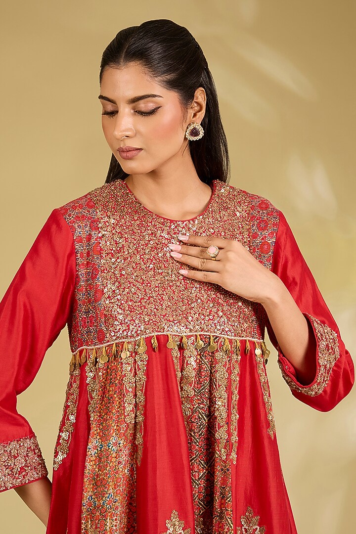 Red Silk Embroidered Tunic Set by Debyani at Pernia's Pop Up Shop