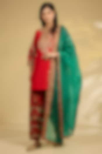 Red Silk Hand & Machine Embroidered Kurta Set by Debyani at Pernia's Pop Up Shop