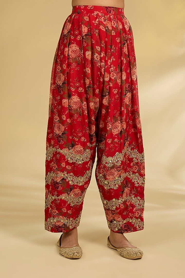 Red Silk Hand & Machine Embroidered Kurta Set by Debyani at Pernia's Pop Up Shop