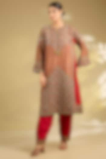 Red Orange Silk Printed & Embroidered Choga Kurta Set by Debyani at Pernia's Pop Up Shop