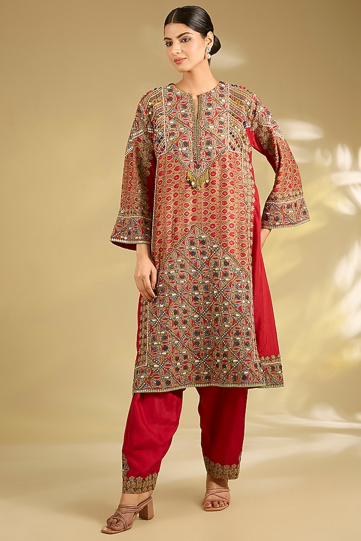 Red Orange Silk Printed & Embroidered Choga Kurta Set by Debyani at Pernia's Pop Up Shop