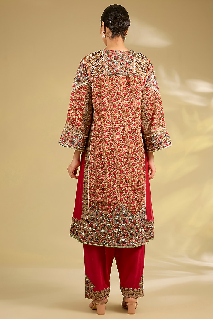 Red Orange Silk Printed & Embroidered Choga Kurta Set by Debyani at Pernia's Pop Up Shop