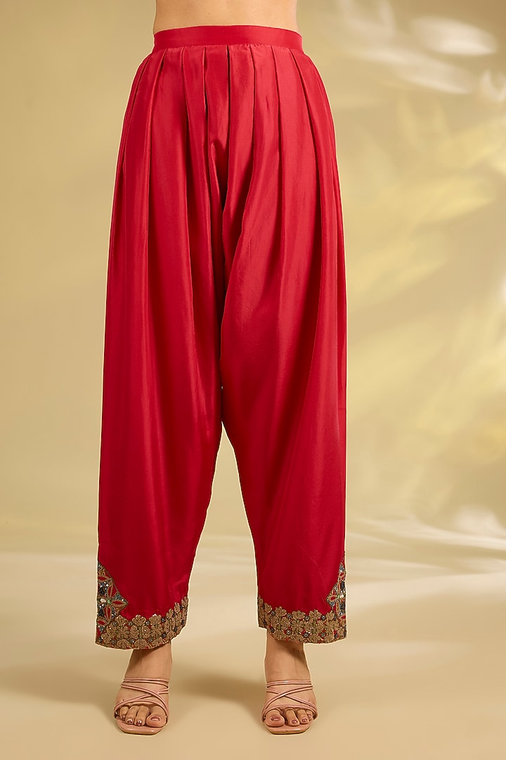 Red Orange Silk Printed & Embroidered Choga Kurta Set by Debyani at Pernia's Pop Up Shop