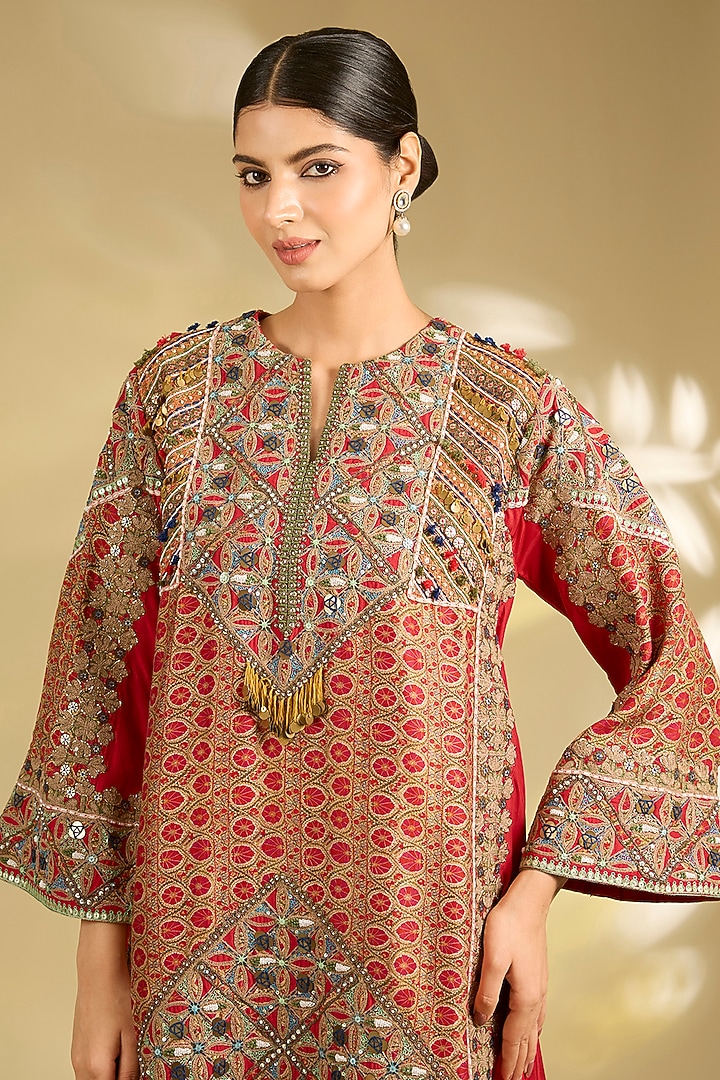 Red Orange Silk Printed & Embroidered Choga Kurta Set by Debyani at Pernia's Pop Up Shop