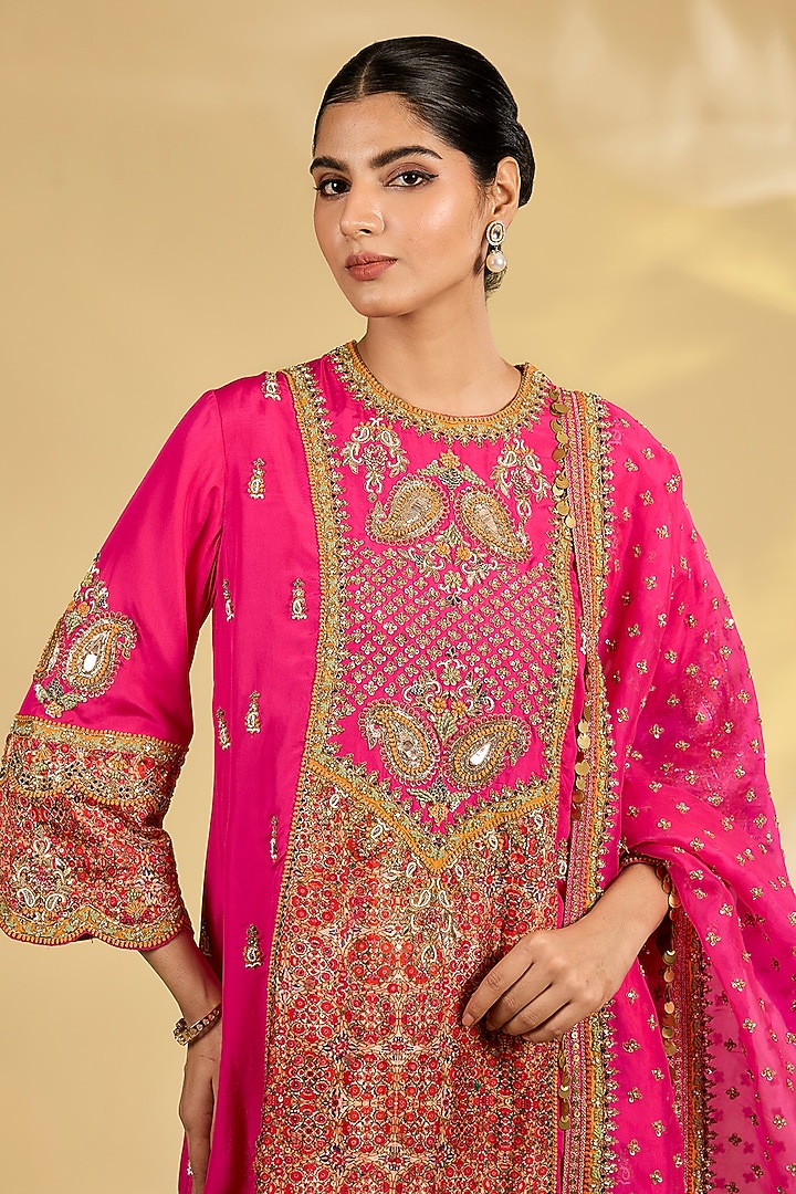 Pink Silk Hand & Machine Embroidered Kurta Set by Debyani at Pernia's Pop Up Shop
