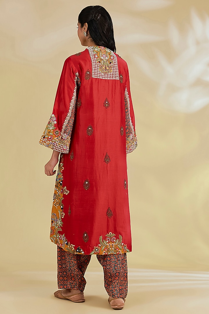Red Silk Hand & Machine Embroidered Kurta Set by Debyani at Pernia's Pop Up Shop