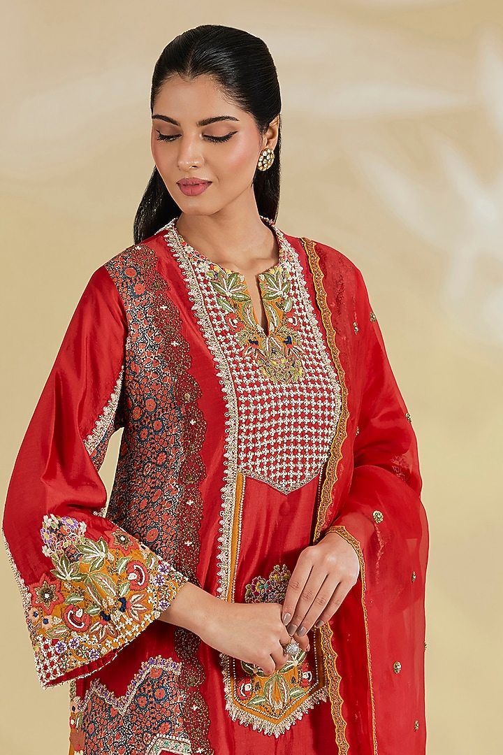 Red Silk Hand & Machine Embroidered Kurta Set by Debyani at Pernia's Pop Up Shop