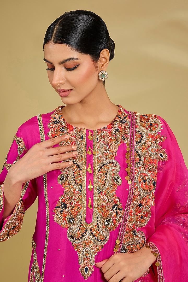 Pink Silk Hand & Machine Embroidered Kurta Set by Debyani at Pernia's Pop Up Shop