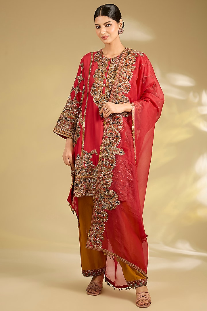 Red Silk Hand & Machine Embroidered Kurta Set by Debyani at Pernia's Pop Up Shop