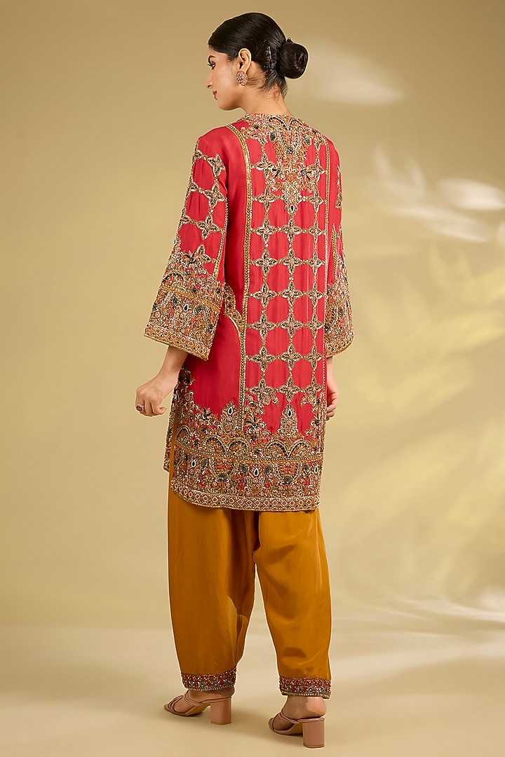 Red Silk Hand & Machine Embroidered Kurta Set by Debyani at Pernia's Pop Up Shop