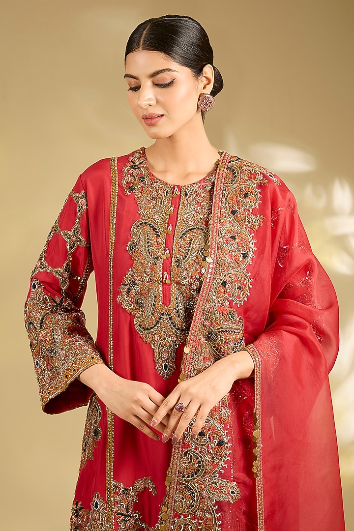 Red Silk Hand & Machine Embroidered Kurta Set by Debyani at Pernia's Pop Up Shop