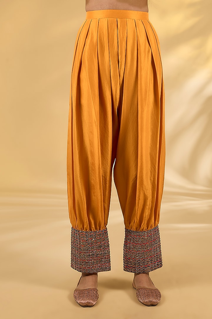 Orange Silk Hand & Machine Embroidered Kurta Set by Debyani at Pernia's Pop Up Shop