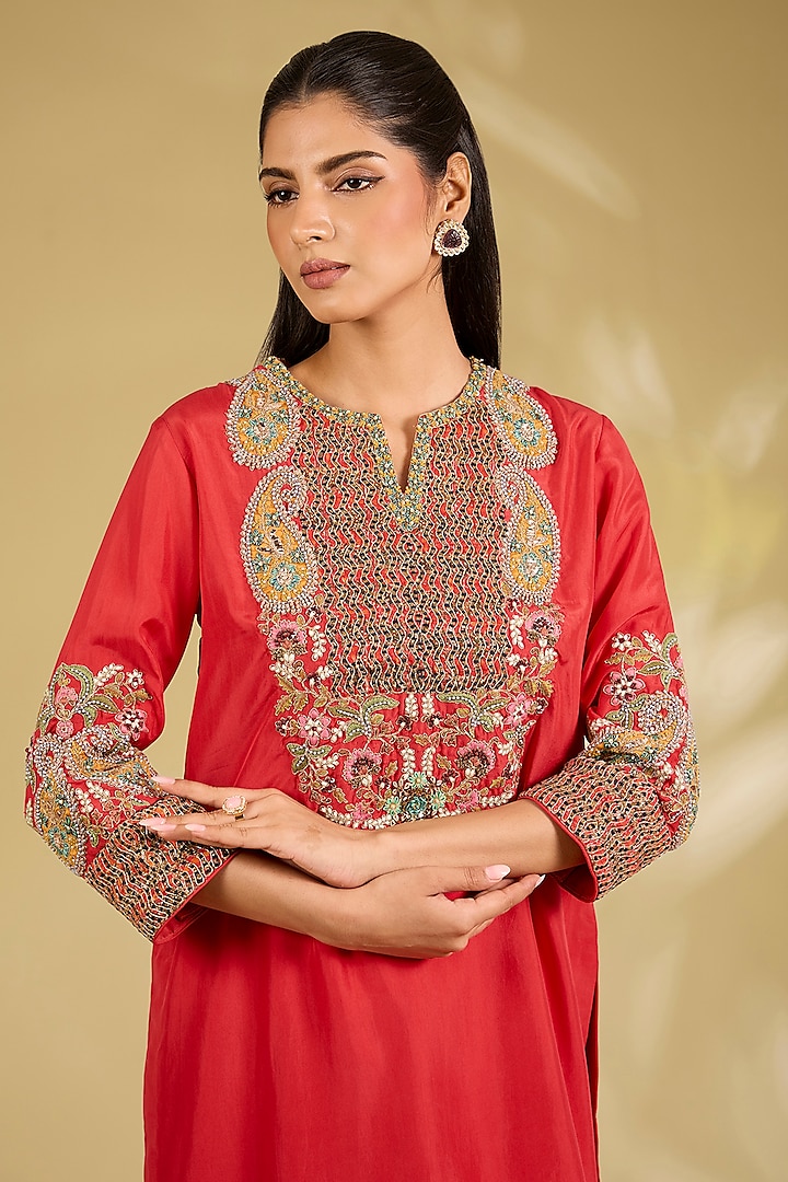 Red Silk Embroidered Kurta Set by Debyani at Pernia's Pop Up Shop