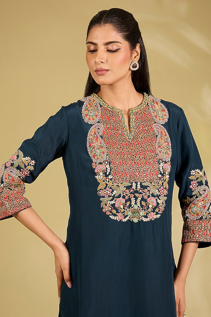 Blue Silk Embroidered Kurta Set by Debyani at Pernia's Pop Up Shop