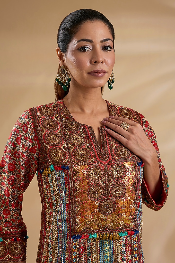 Multi-Colored Silk Chanderi Embroidered Kurta Set by Debyani at Pernia's Pop Up Shop