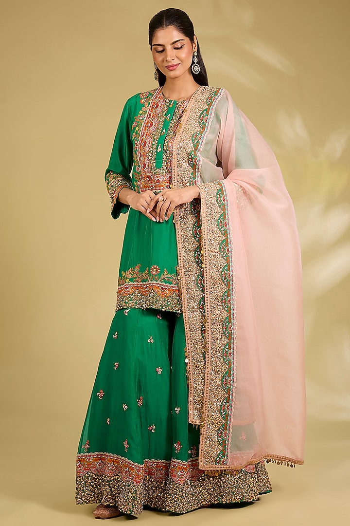 Green Silk Embroidered Bridal Sharara Set by Debyani at Pernia's Pop Up Shop