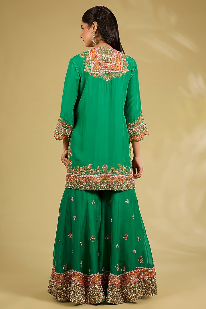 Green Silk Embroidered Bridal Sharara Set by Debyani at Pernia's Pop Up Shop