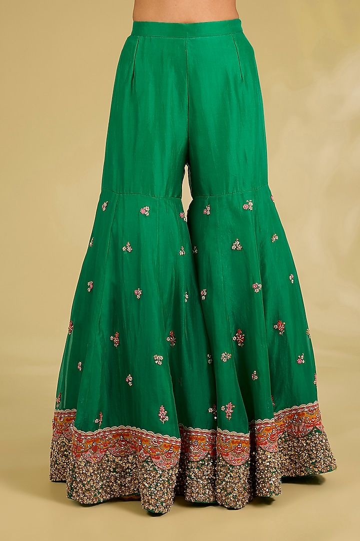 Green Silk Embroidered Bridal Sharara Set by Debyani at Pernia's Pop Up Shop